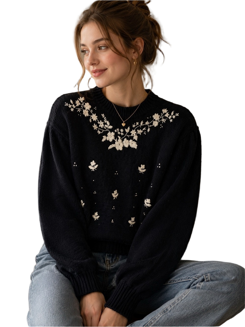 VINTAGE Black & White Floral Embroidered Crew Neck Grandma Core Sweater SZ L
